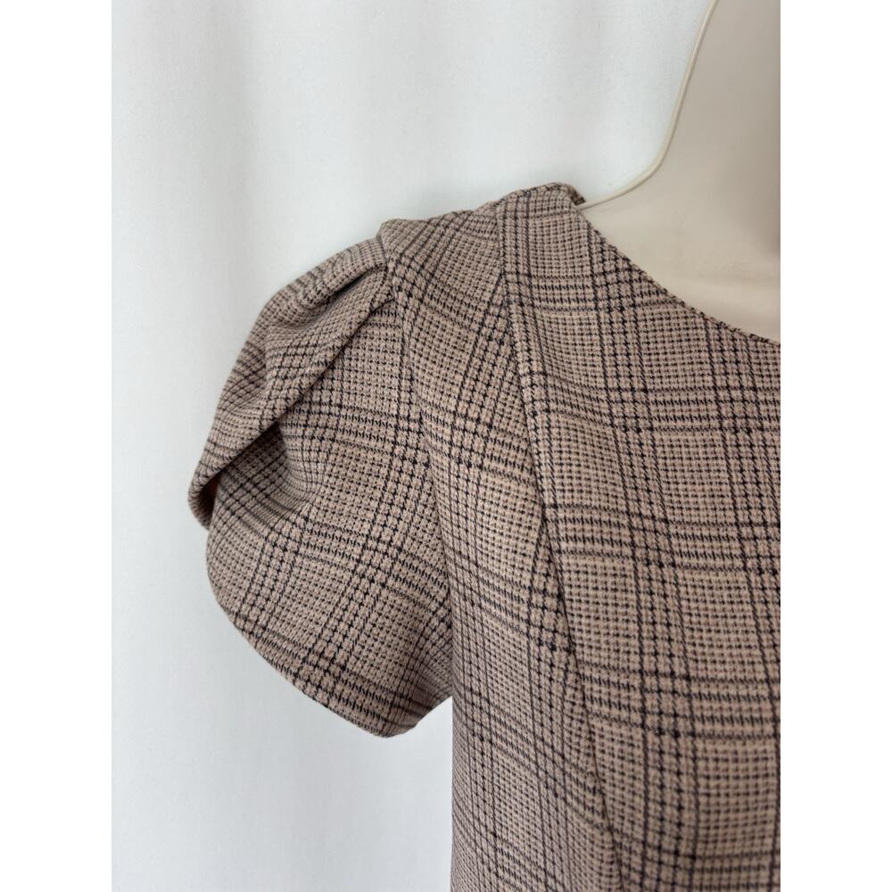 Vtg Calvin Klein Dress 4 Knee Fit & Flare Plaid Check Brown Soft Puff Sleeve - Picture 4 of 14